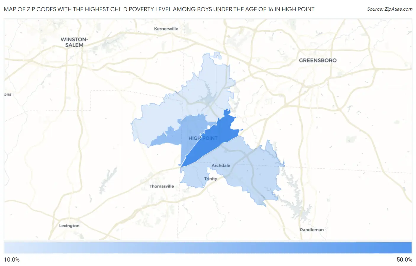 Zip Codes with the Highest Child Poverty Level Among Boys Under the Age of 16 in High Point Map