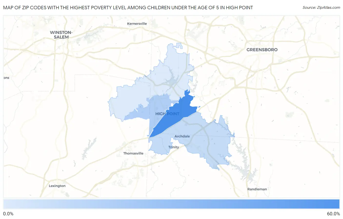 Zip Codes with the Highest Poverty Level Among Children Under the Age of 5 in High Point Map