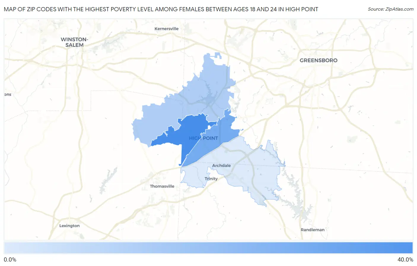Zip Codes with the Highest Poverty Level Among Females Between Ages 18 and 24 in High Point Map