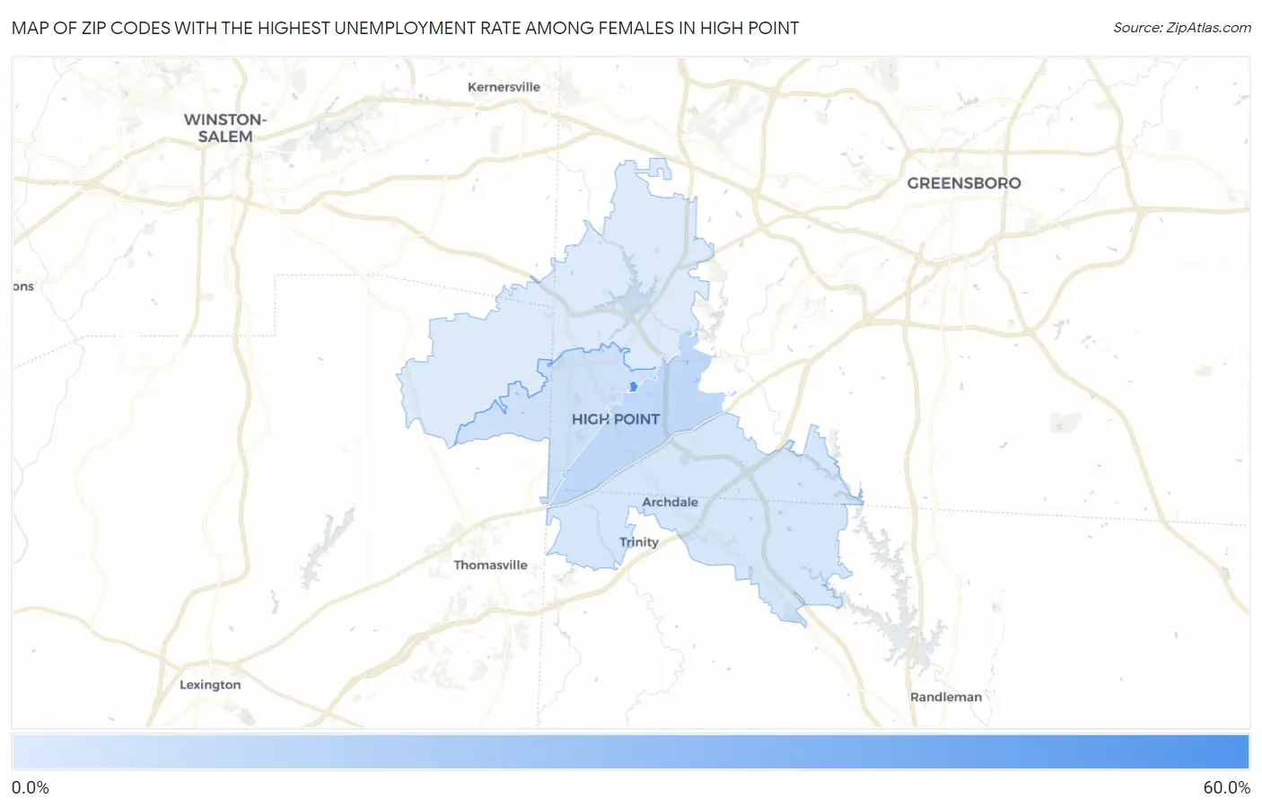 Zip Codes with the Highest Unemployment Rate Among Females in High Point Map