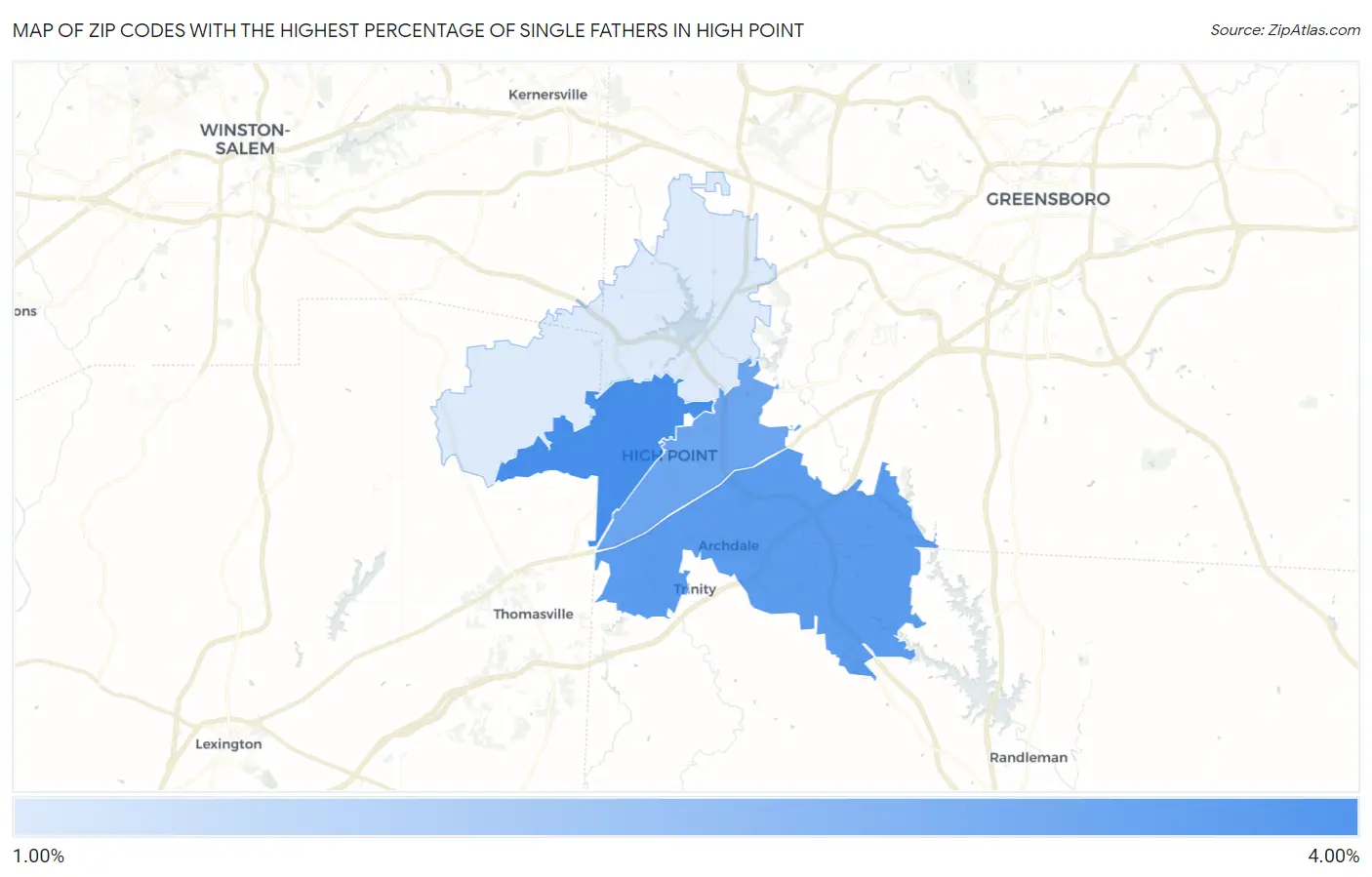 Zip Codes with the Highest Percentage of Single Fathers in High Point Map