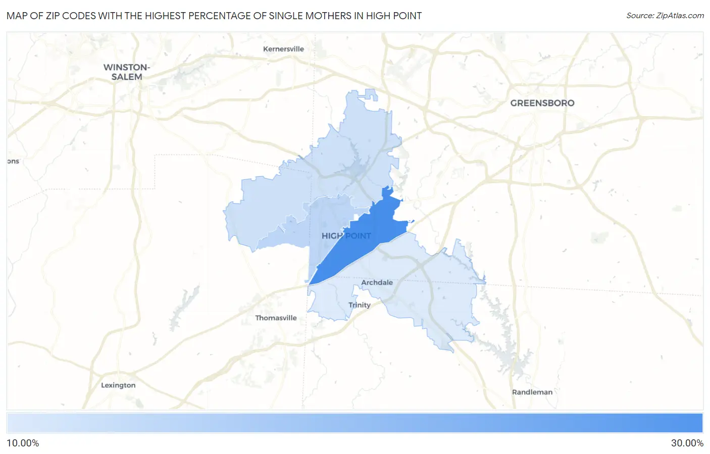 Zip Codes with the Highest Percentage of Single Mothers in High Point Map