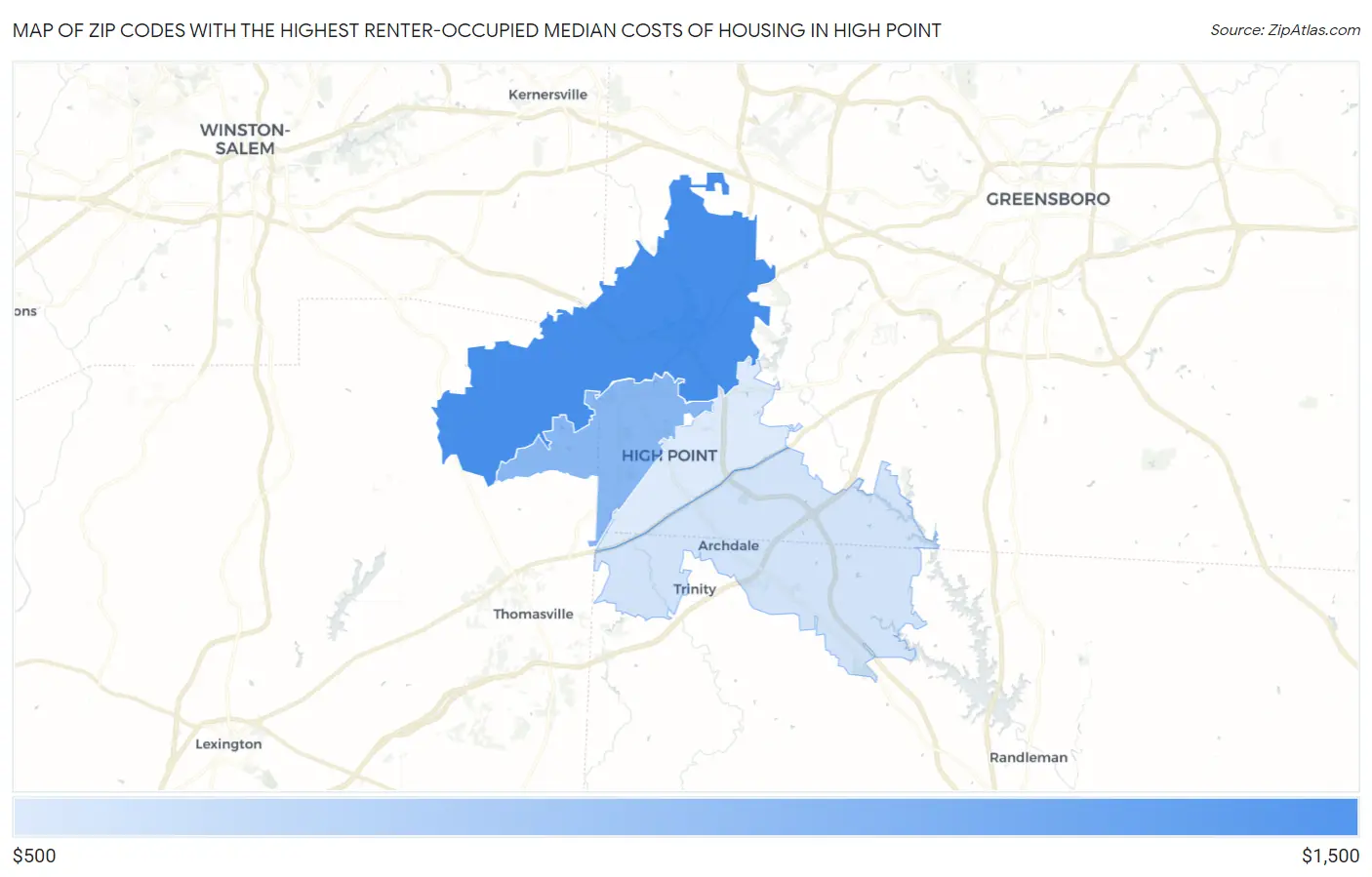 Zip Codes with the Highest Renter-Occupied Median Costs of Housing in High Point Map