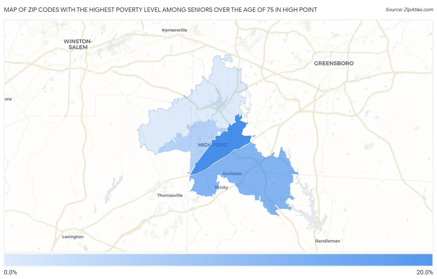 Zip Codes with the Highest Poverty Level Among Seniors Over the Age of 75 in High Point Map