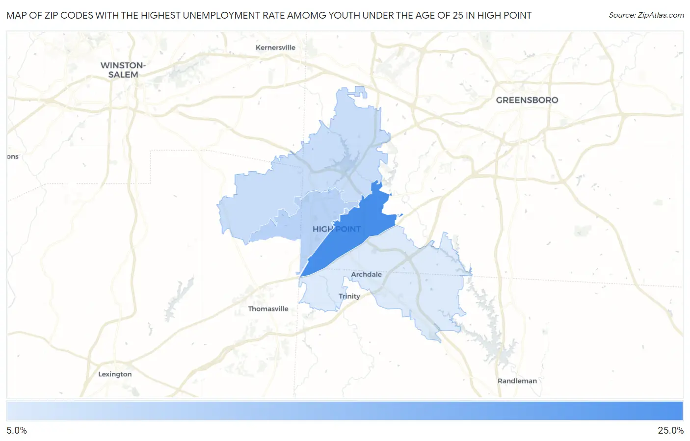 Zip Codes with the Highest Unemployment Rate Amomg Youth Under the Age of 25 in High Point Map