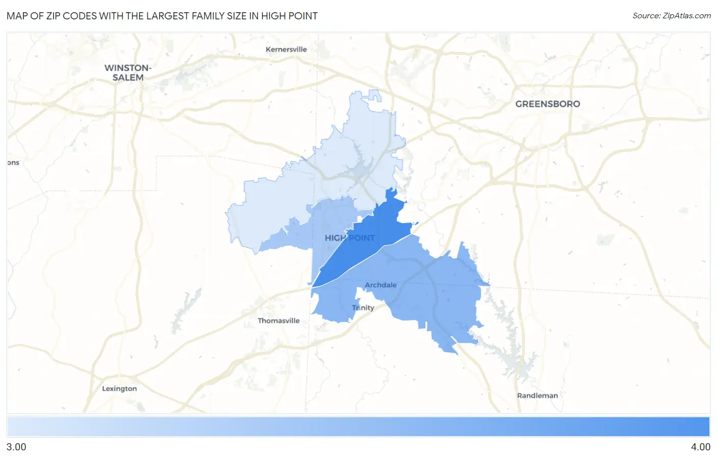 Zip Codes with the Largest Family Size in High Point Map