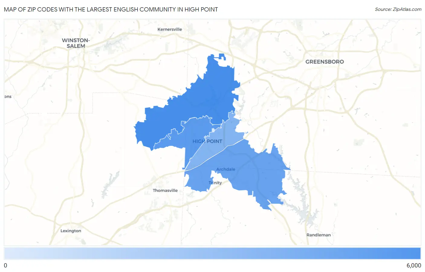 Zip Codes with the Largest English Community in High Point Map