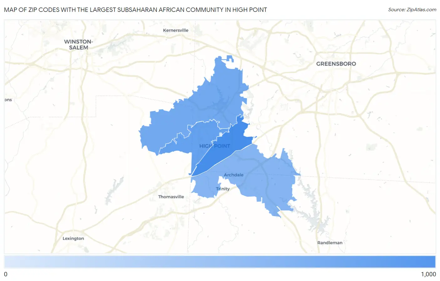 Zip Codes with the Largest Subsaharan African Community in High Point Map