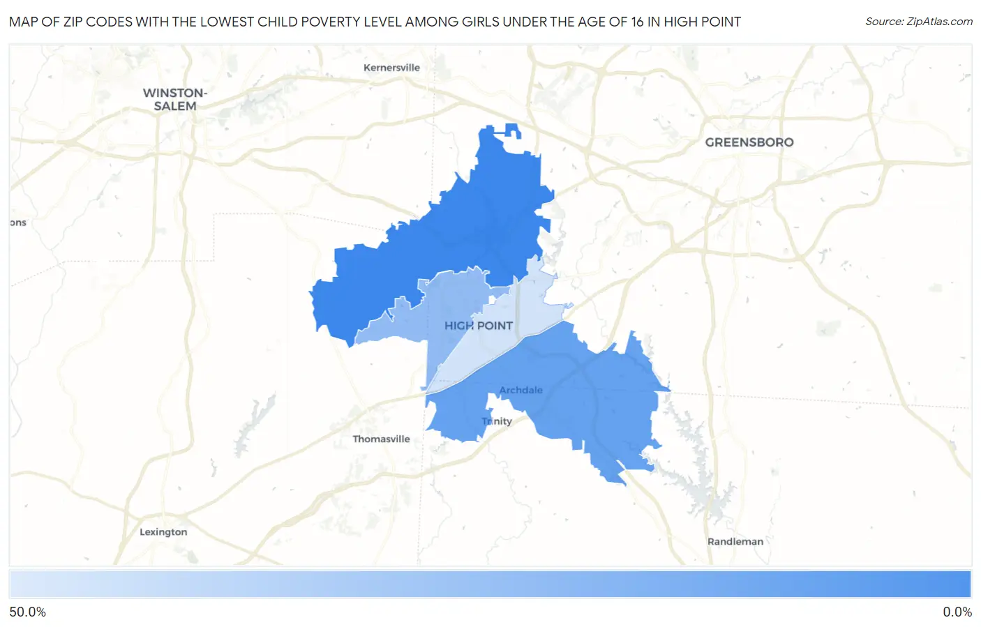 Zip Codes with the Lowest Child Poverty Level Among Girls Under the Age of 16 in High Point Map