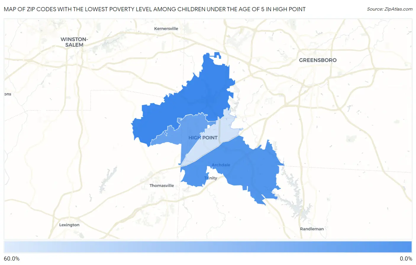 Zip Codes with the Lowest Poverty Level Among Children Under the Age of 5 in High Point Map