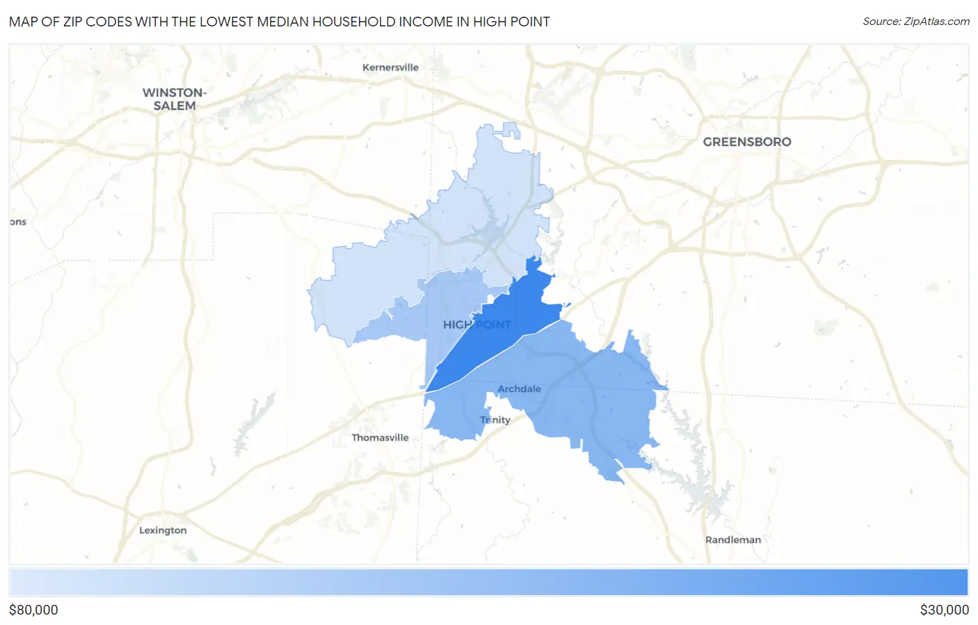 Zip Codes with the Lowest Median Household Income in High Point Map