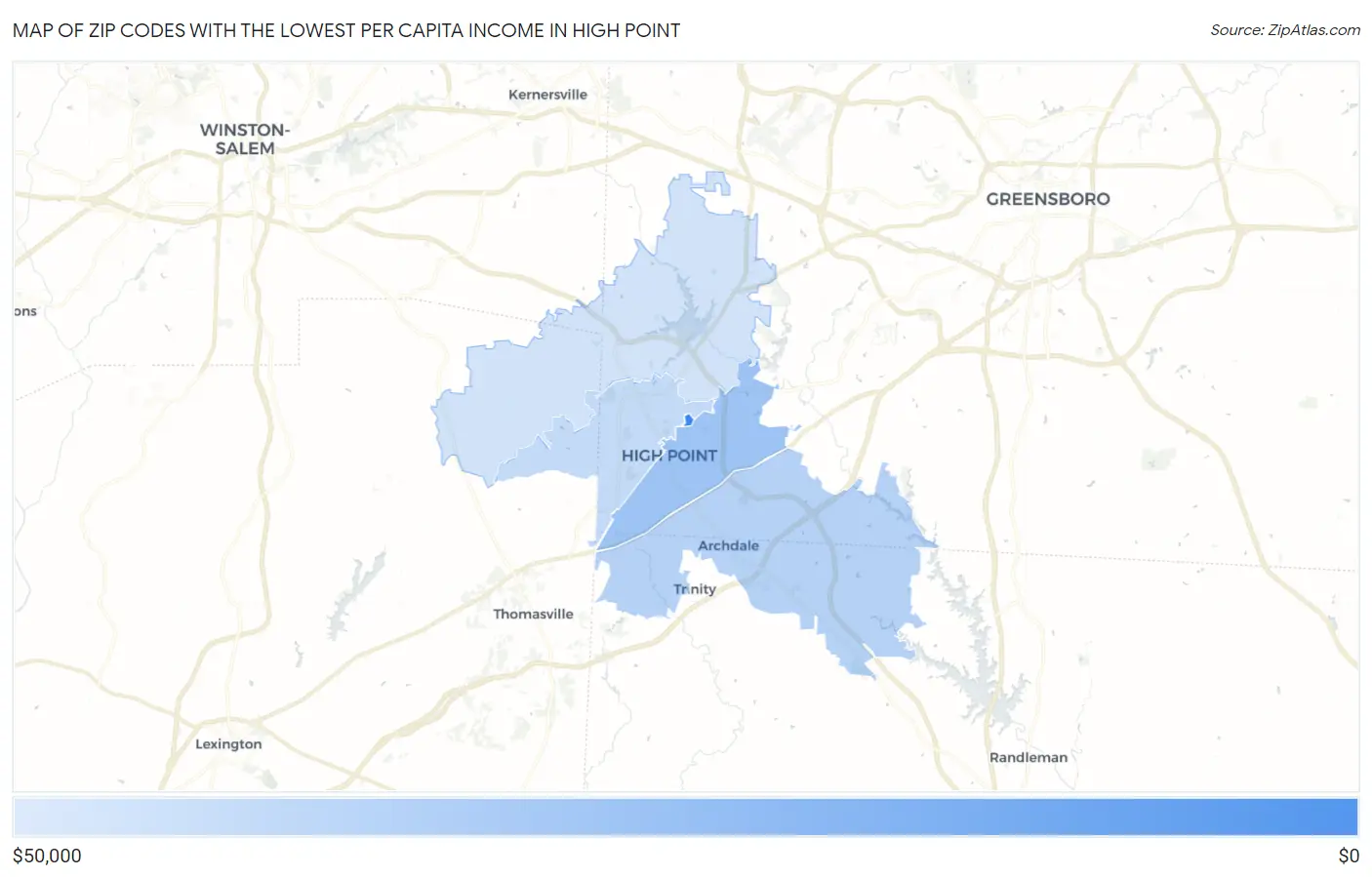 Zip Codes with the Lowest Per Capita Income in High Point Map