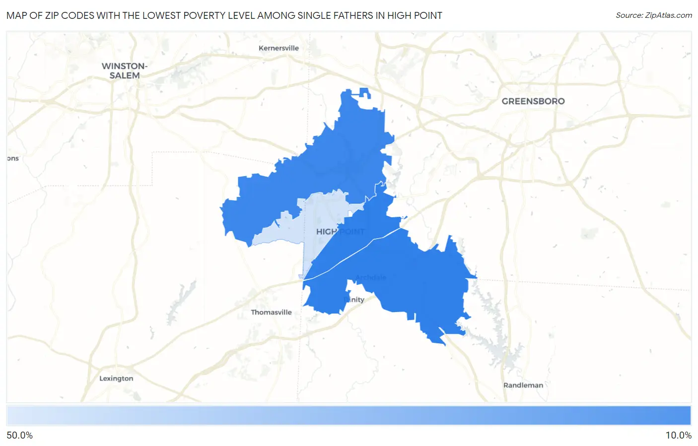 Zip Codes with the Lowest Poverty Level Among Single Fathers in High Point Map