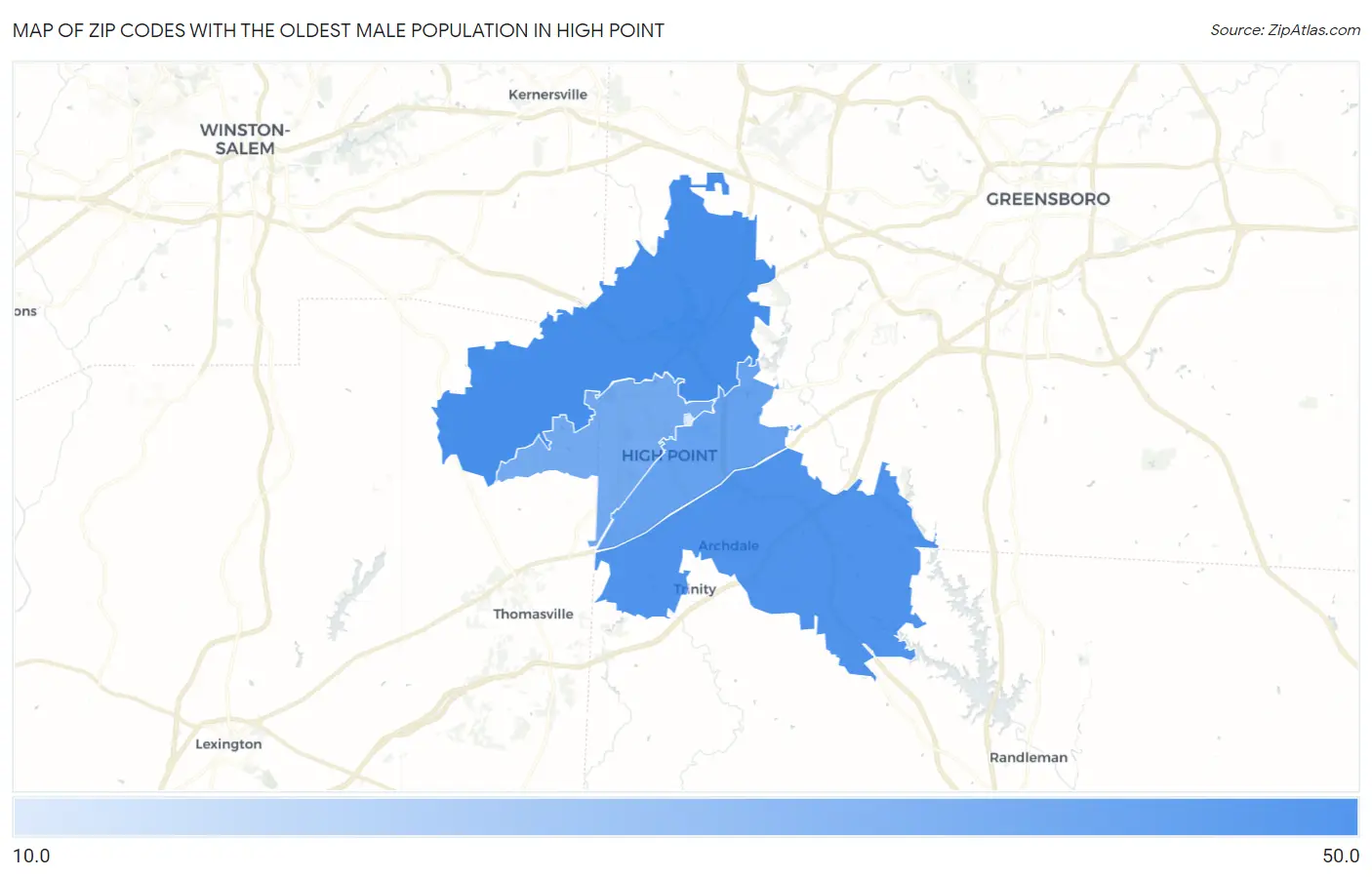 Zip Codes with the Oldest Male Population in High Point Map