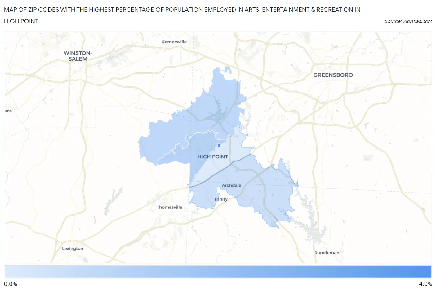 Zip Codes with the Highest Percentage of Population Employed in Arts, Entertainment & Recreation in High Point Map