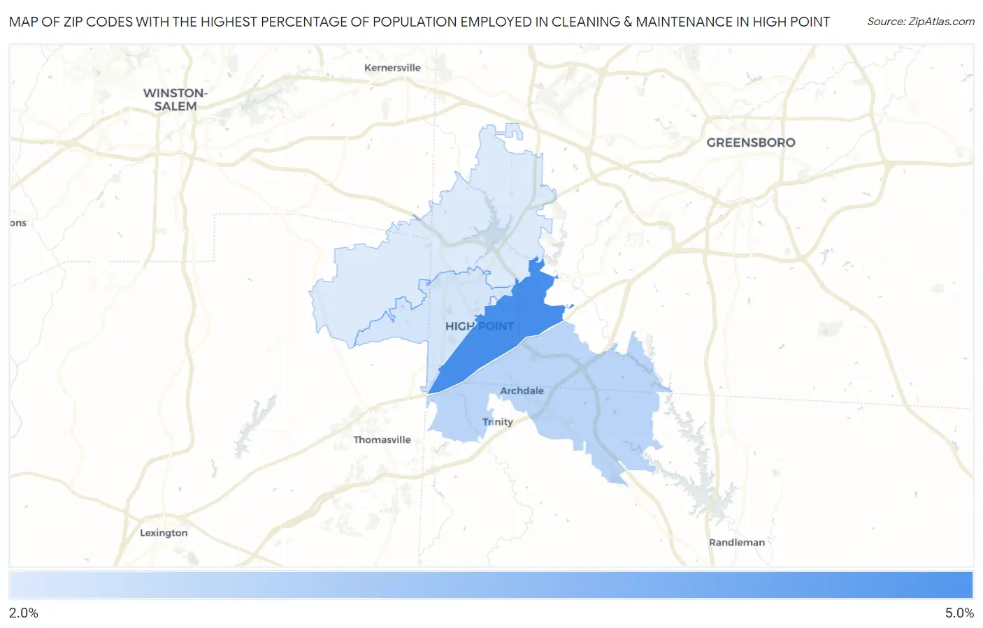 Zip Codes with the Highest Percentage of Population Employed in Cleaning & Maintenance in High Point Map