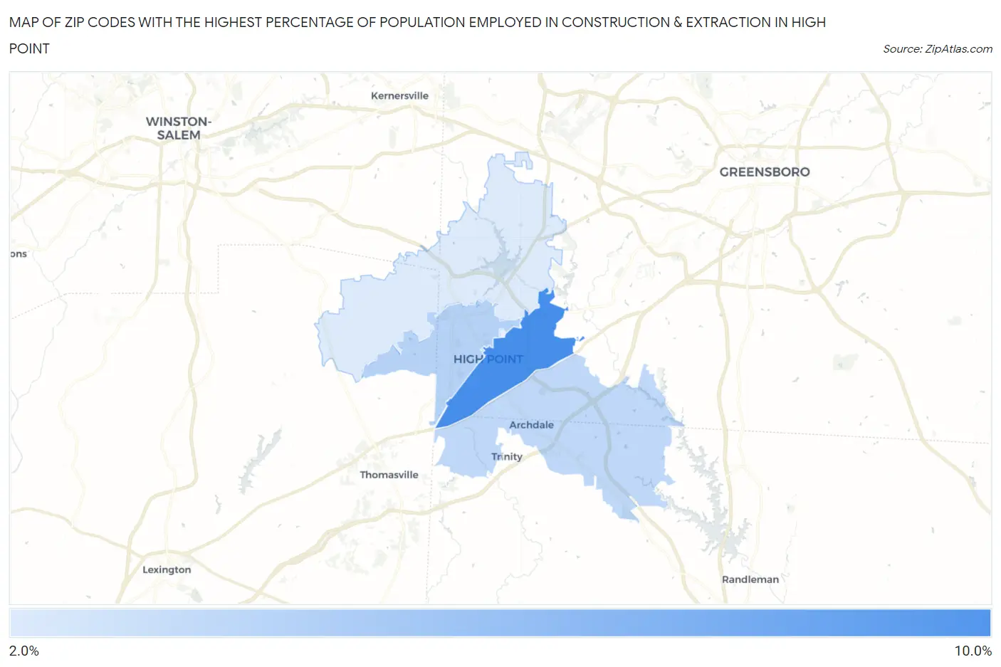 Zip Codes with the Highest Percentage of Population Employed in Construction & Extraction in High Point Map