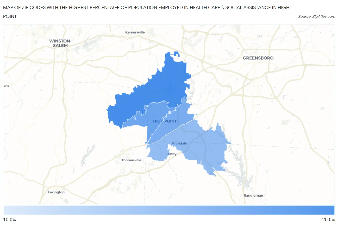Zip Codes with the Highest Percentage of Population Employed in Health Care & Social Assistance in High Point Map