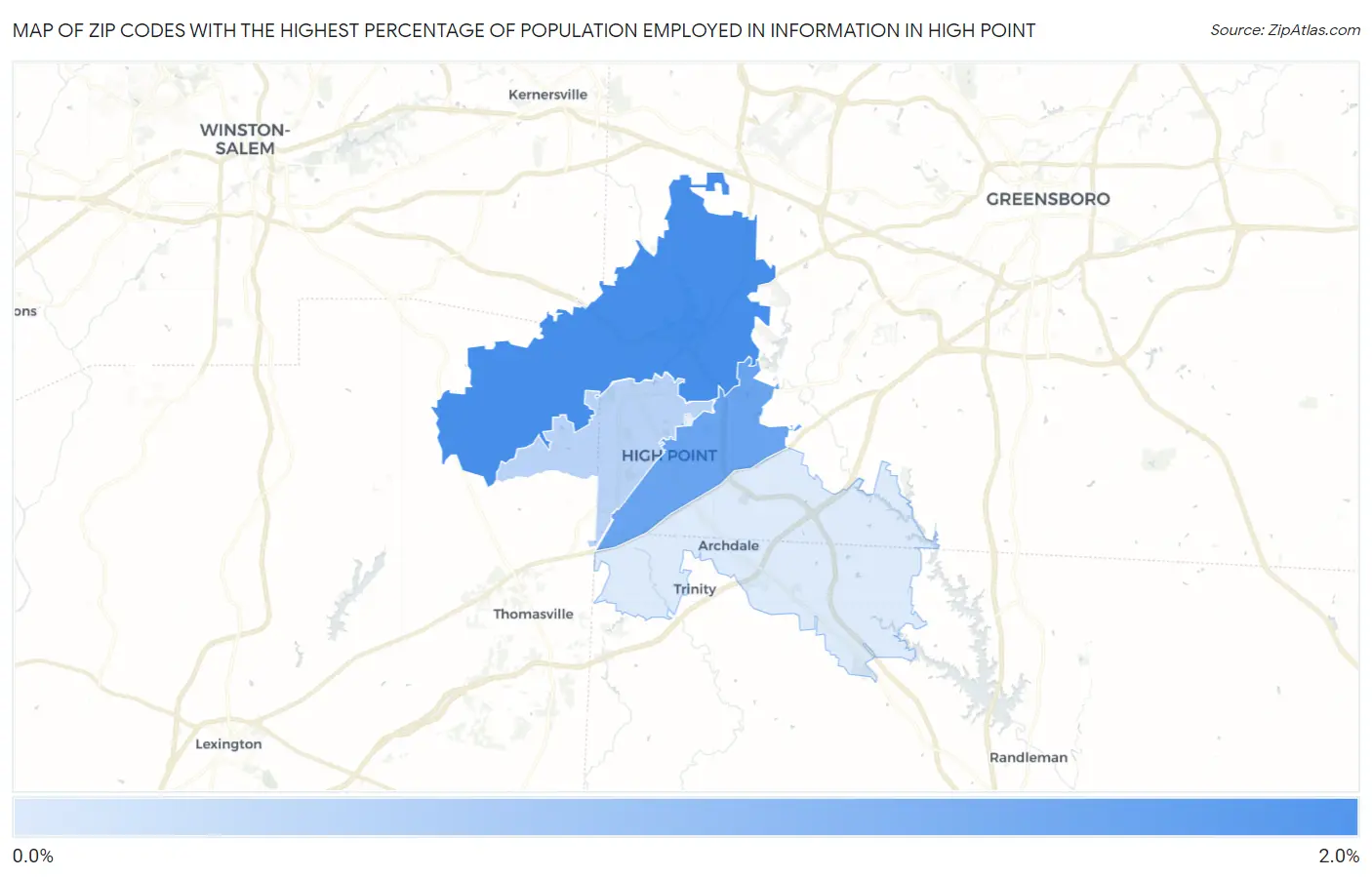 Zip Codes with the Highest Percentage of Population Employed in Information in High Point Map