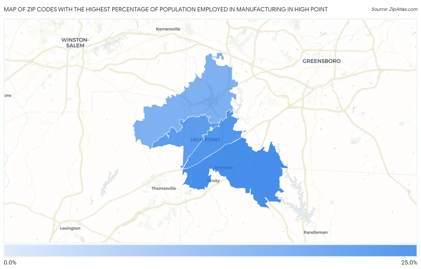 Zip Codes with the Highest Percentage of Population Employed in Manufacturing in High Point Map