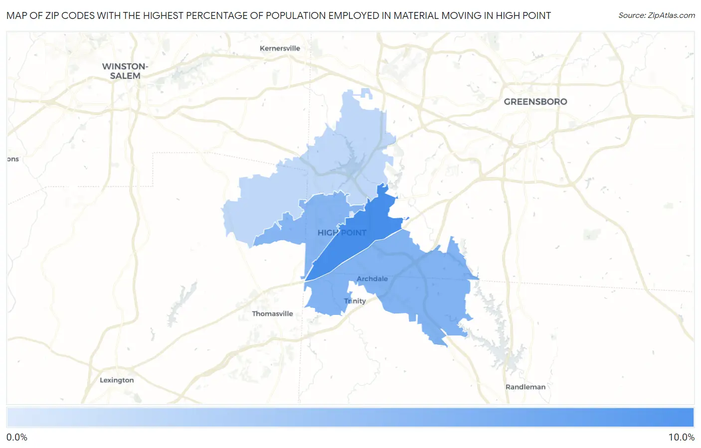 Zip Codes with the Highest Percentage of Population Employed in Material Moving in High Point Map