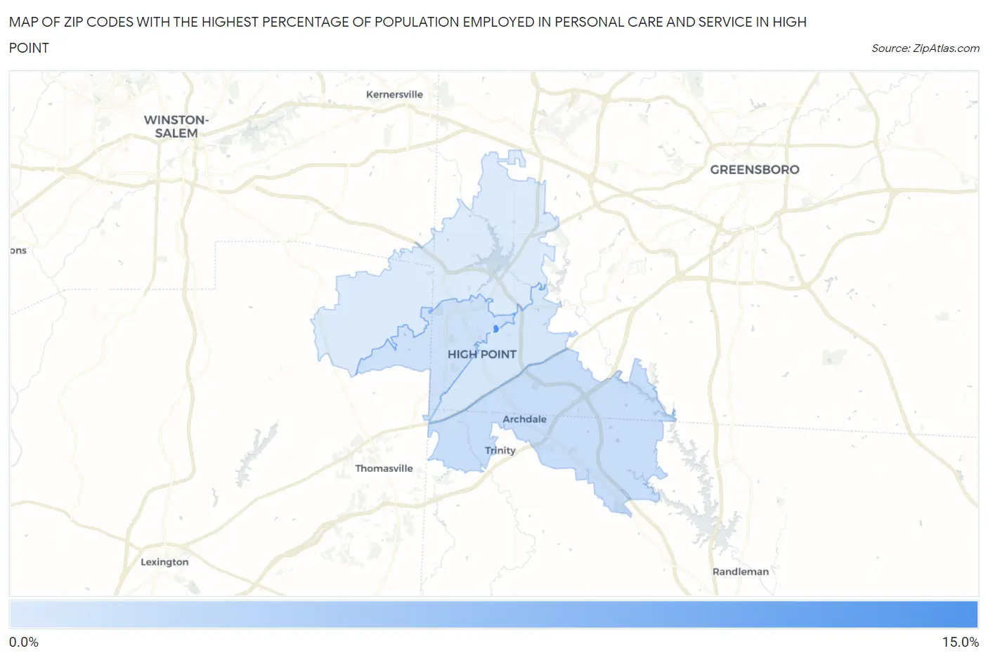 Zip Codes with the Highest Percentage of Population Employed in Personal Care and Service in High Point Map