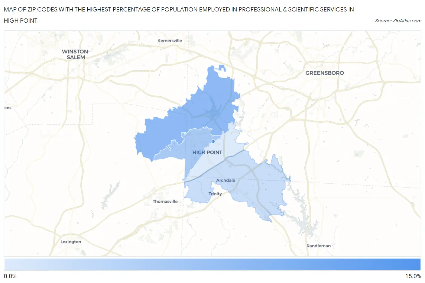 Zip Codes with the Highest Percentage of Population Employed in Professional & Scientific Services in High Point Map