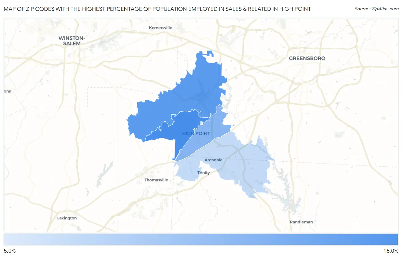 Zip Codes with the Highest Percentage of Population Employed in Sales & Related in High Point Map