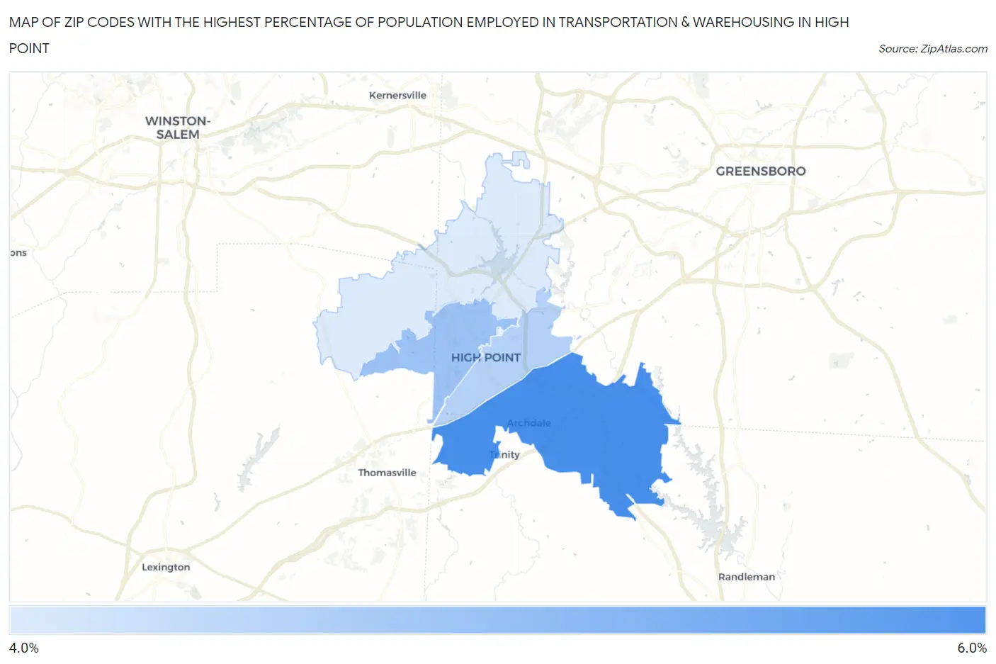 Zip Codes with the Highest Percentage of Population Employed in Transportation & Warehousing in High Point Map
