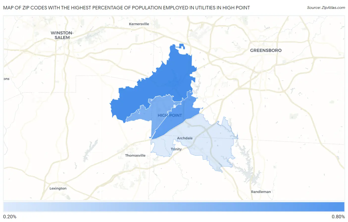 Zip Codes with the Highest Percentage of Population Employed in Utilities in High Point Map
