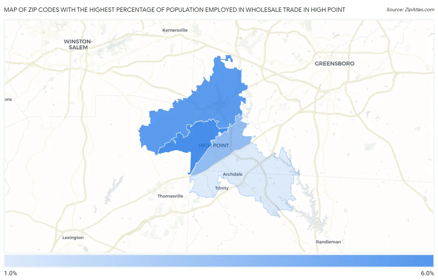 Zip Codes with the Highest Percentage of Population Employed in Wholesale Trade in High Point Map