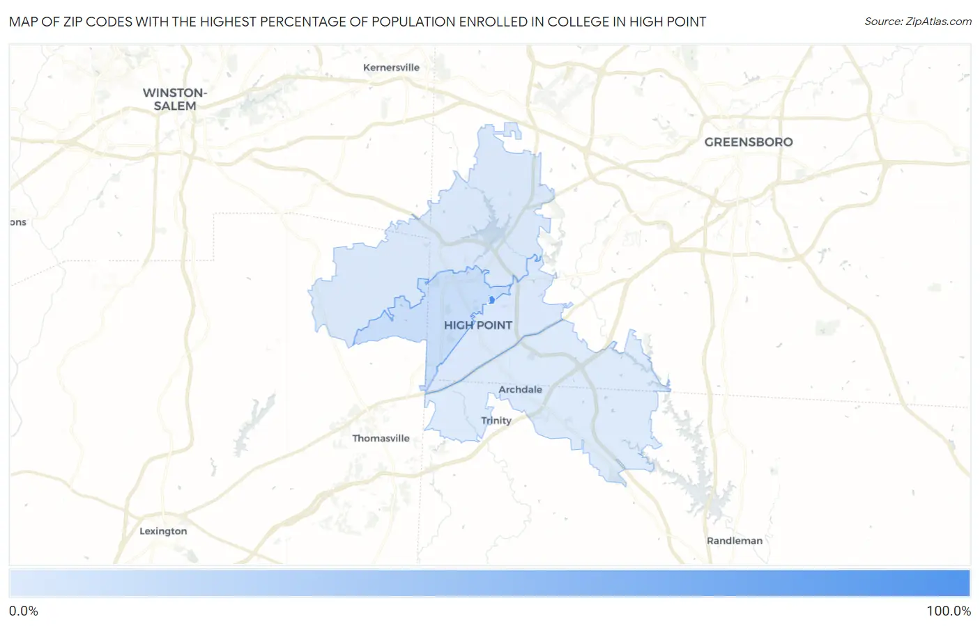 Zip Codes with the Highest Percentage of Population Enrolled in College in High Point Map