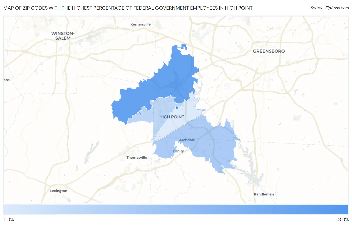 Zip Codes with the Highest Percentage of Federal Government Employees in High Point Map