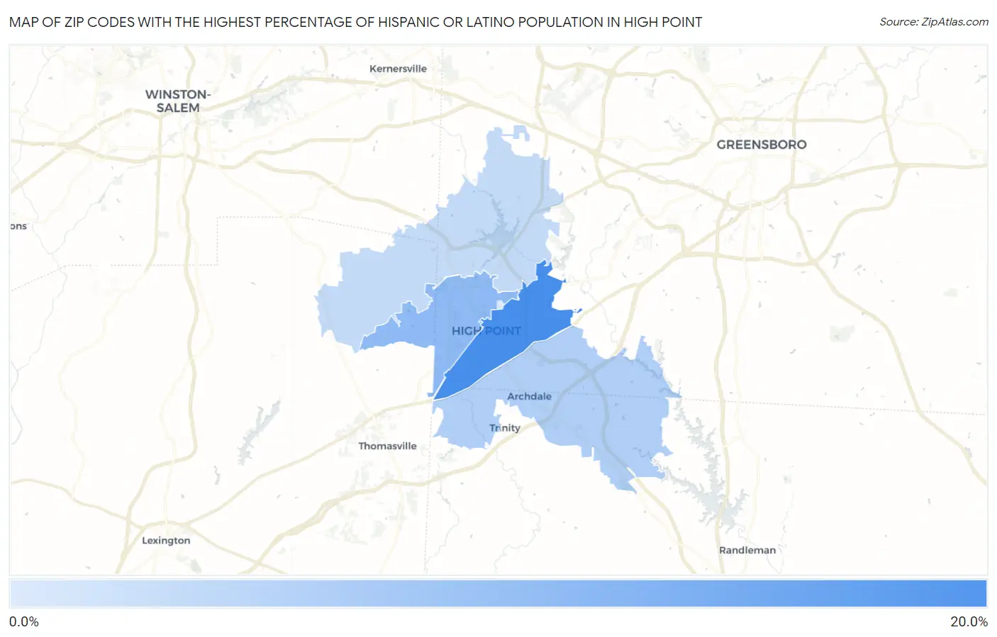 Zip Codes with the Highest Percentage of Hispanic or Latino Population in High Point Map