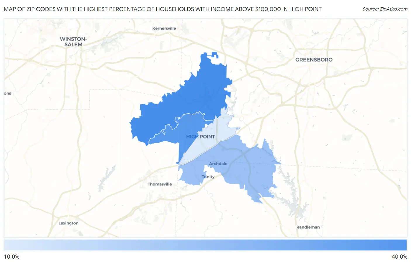 Zip Codes with the Highest Percentage of Households with Income Above $100,000 in High Point Map