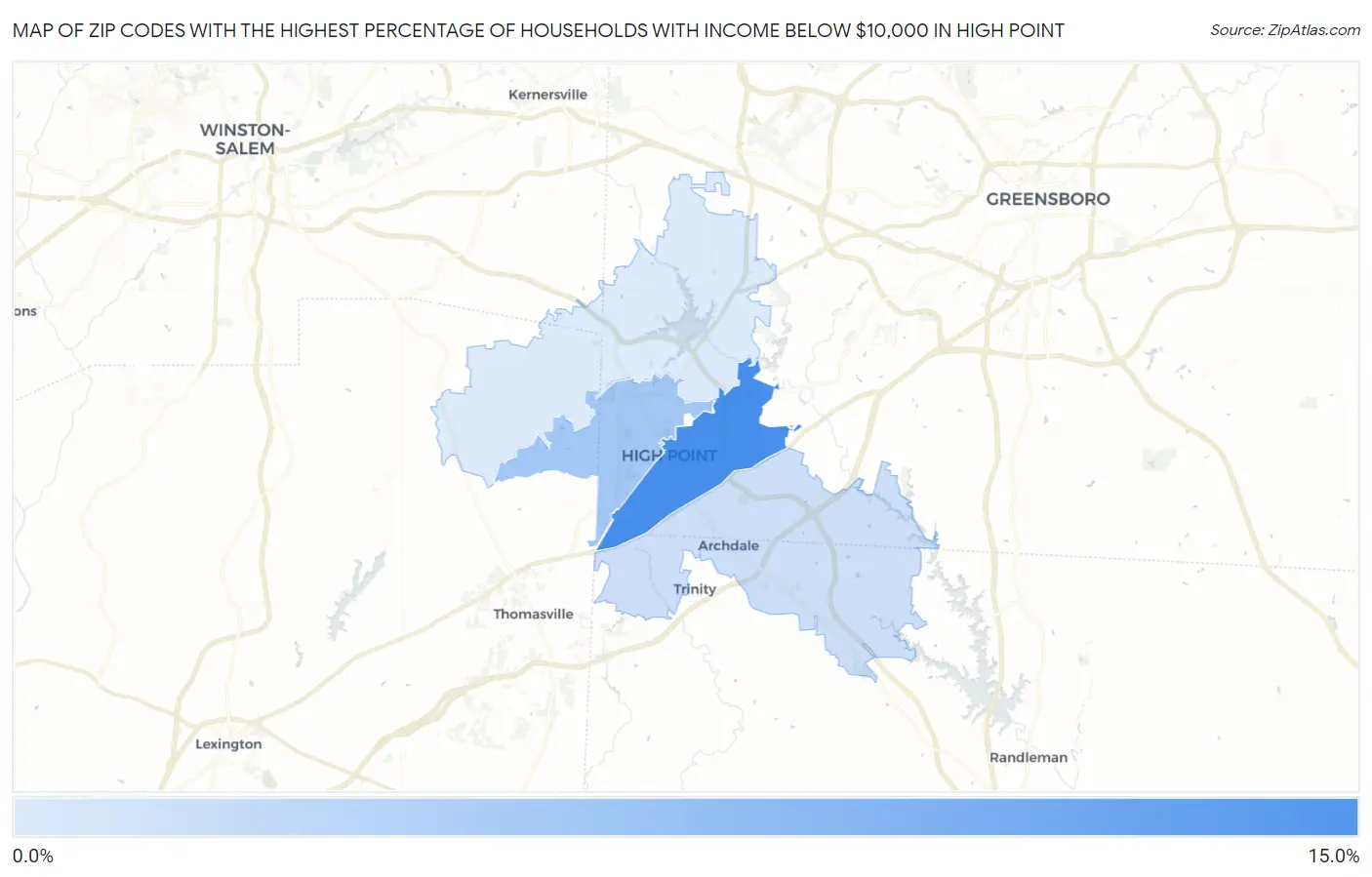 Zip Codes with the Highest Percentage of Households with Income Below $10,000 in High Point Map