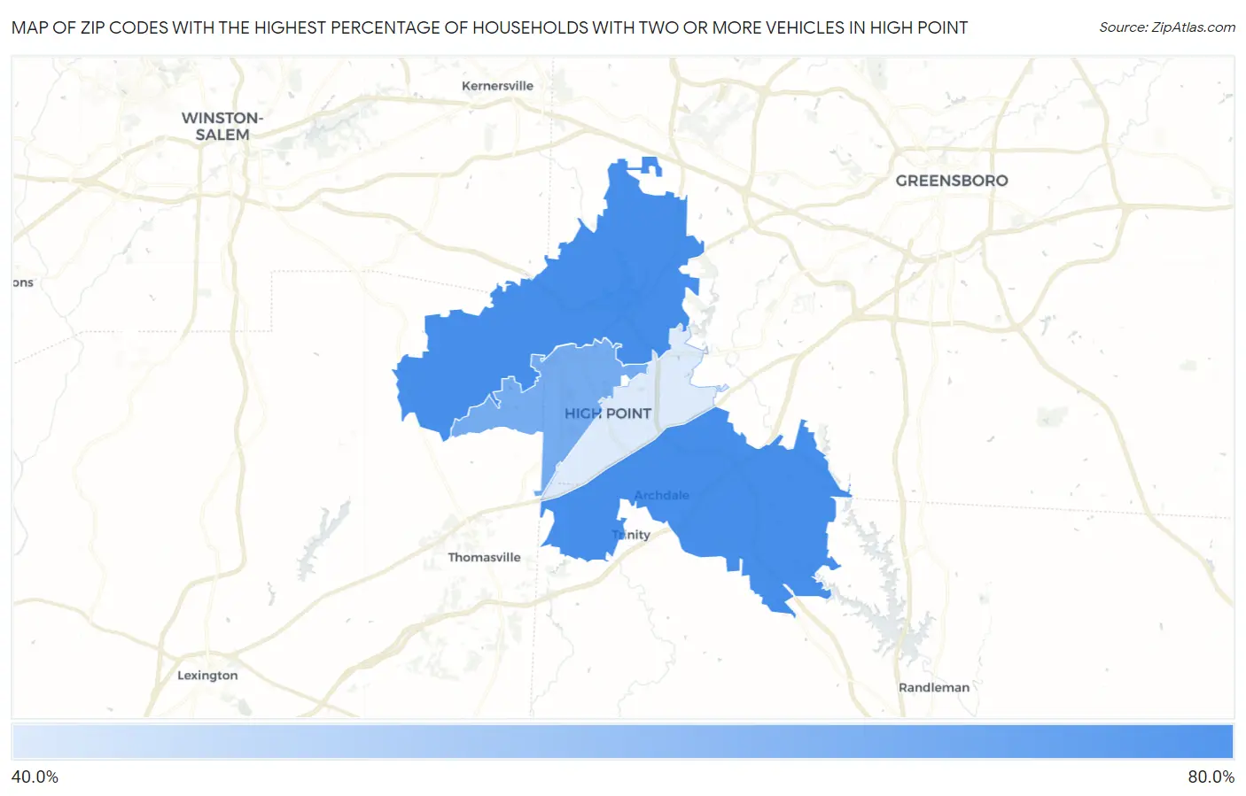 Zip Codes with the Highest Percentage of Households With Two or more Vehicles in High Point Map