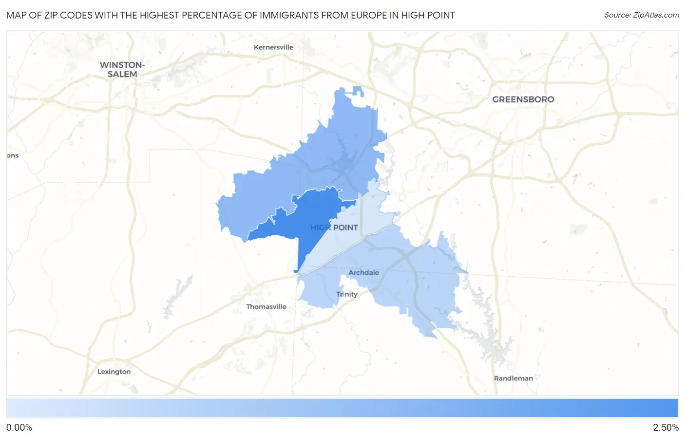 Zip Codes with the Highest Percentage of Immigrants from Europe in High Point Map