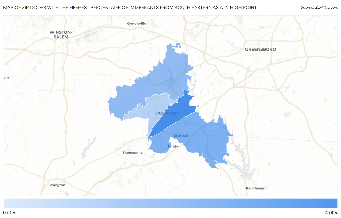 Zip Codes with the Highest Percentage of Immigrants from South Eastern Asia in High Point Map