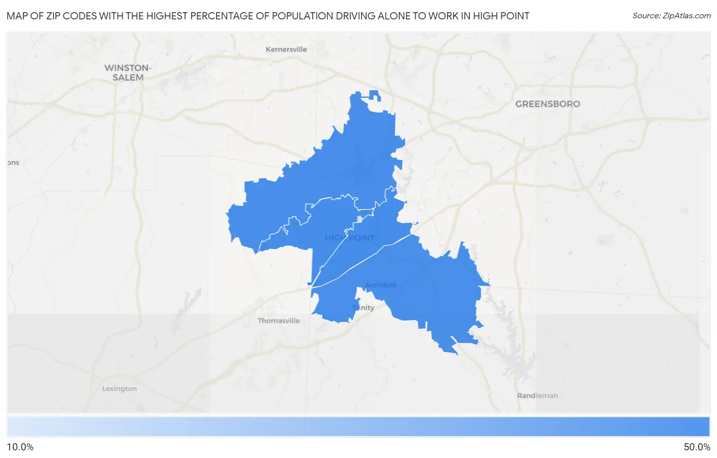 Zip Codes with the Highest Percentage of Population Driving Alone to Work in High Point Map