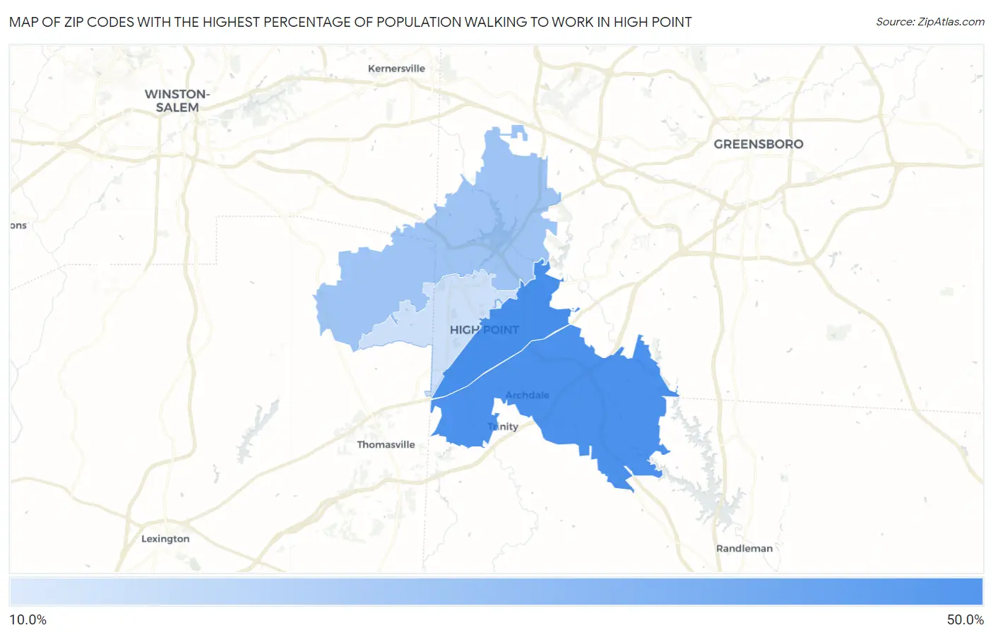 Zip Codes with the Highest Percentage of Population Walking to Work in High Point Map