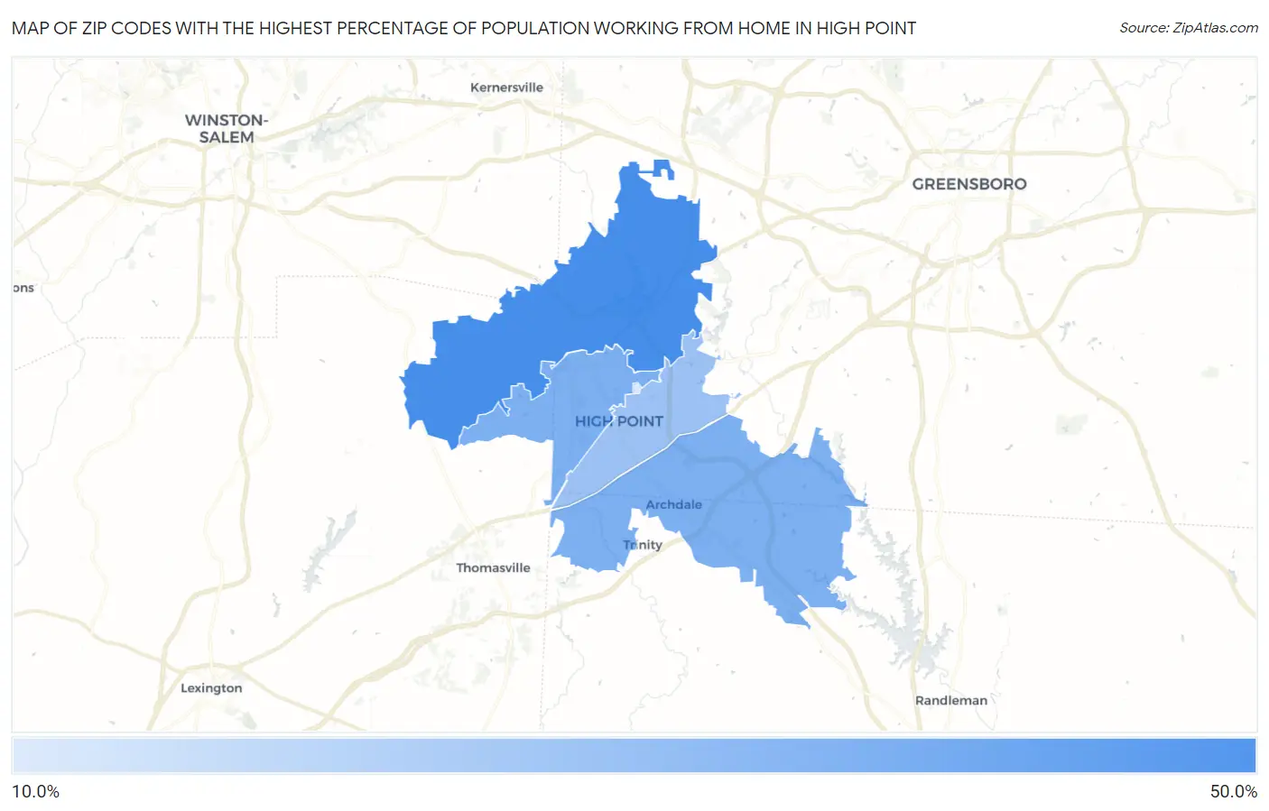 Zip Codes with the Highest Percentage of Population Working from Home in High Point Map