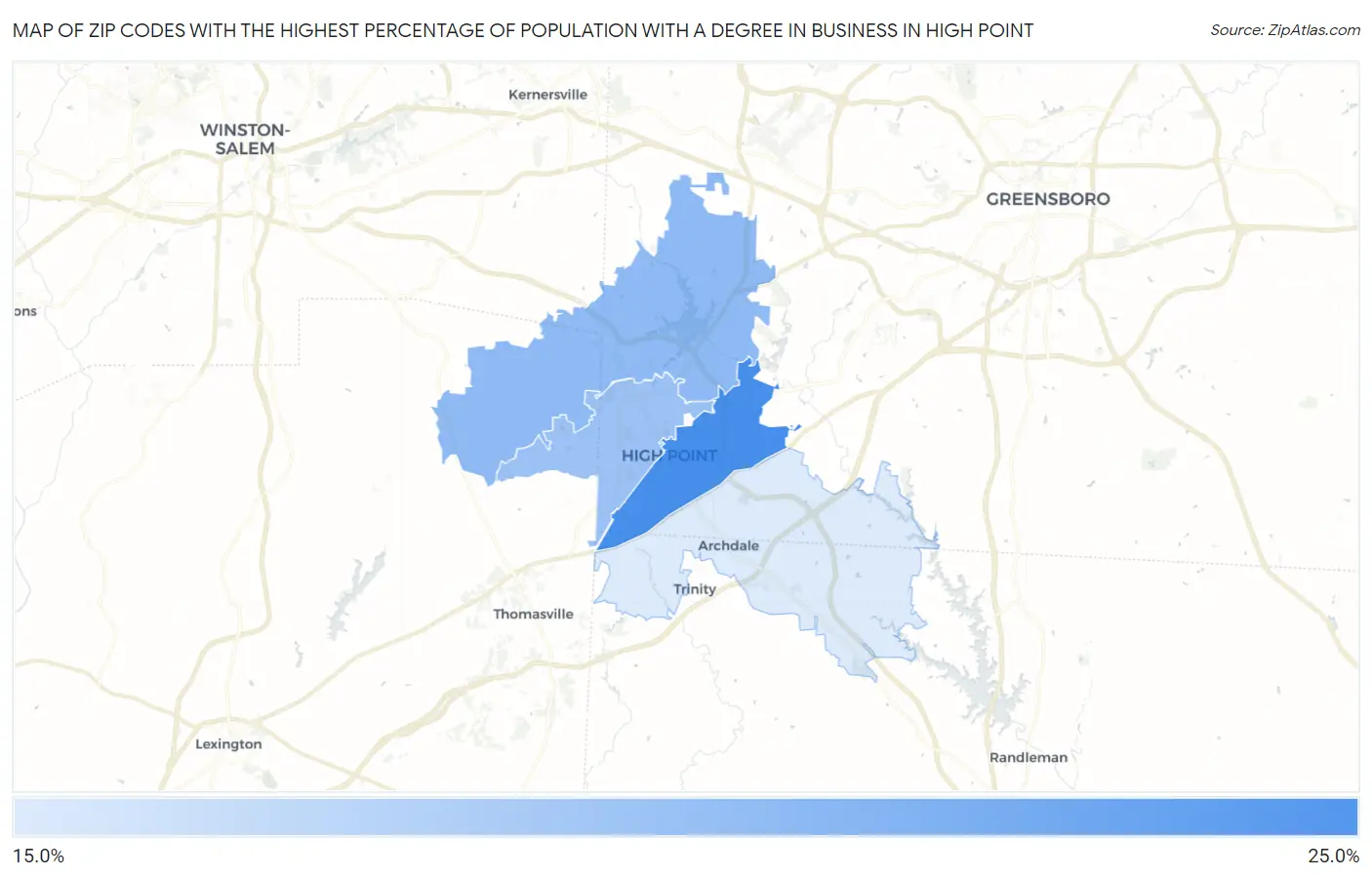 Zip Codes with the Highest Percentage of Population with a Degree in Business in High Point Map