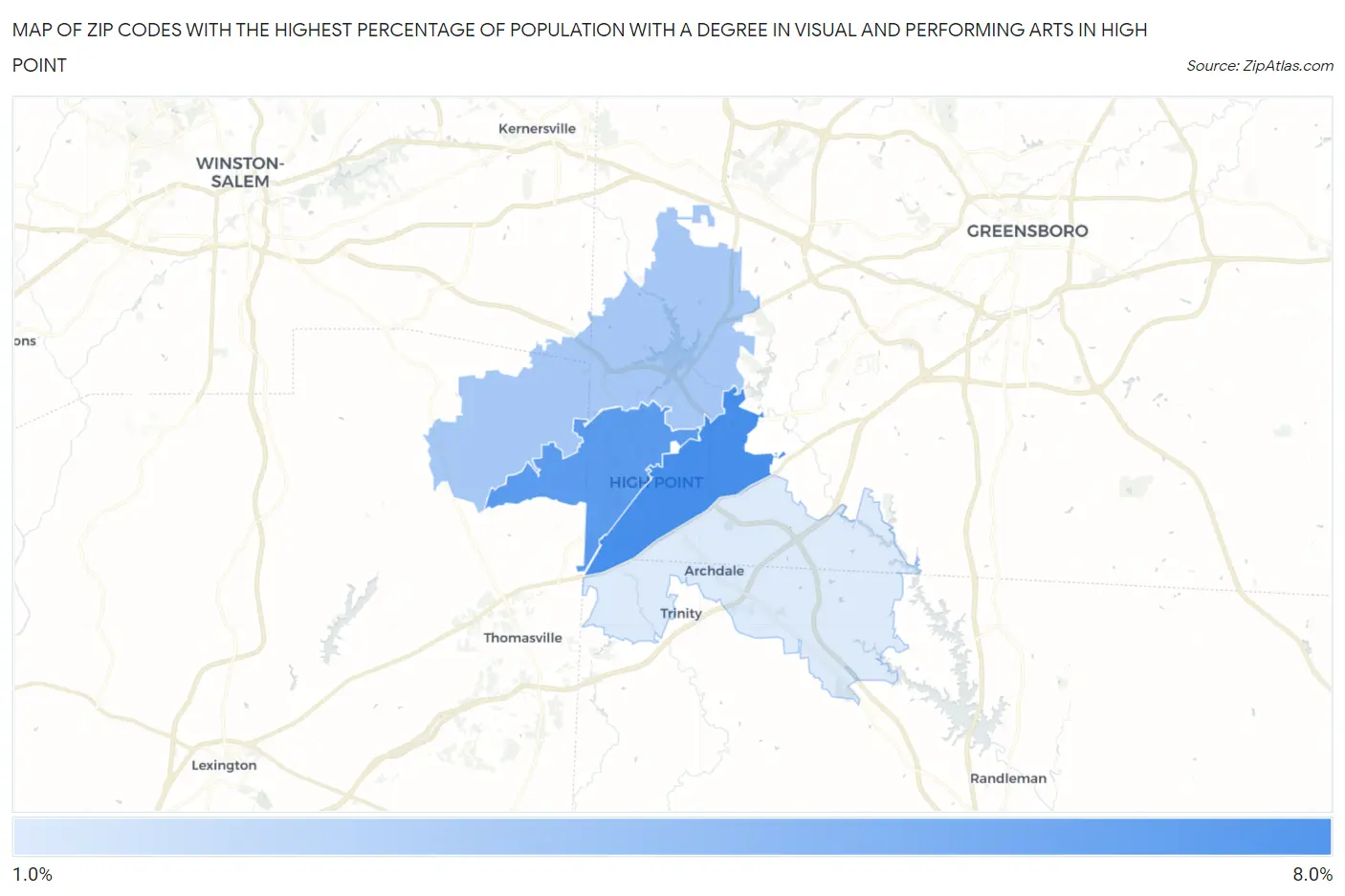 Zip Codes with the Highest Percentage of Population with a Degree in Visual and Performing Arts in High Point Map
