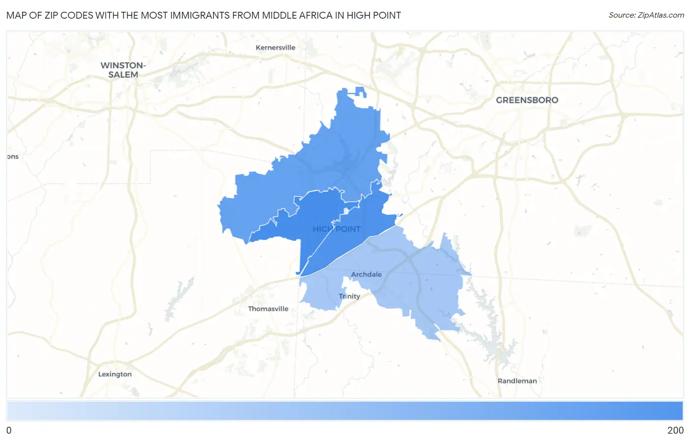 Zip Codes with the Most Immigrants from Middle Africa in High Point Map