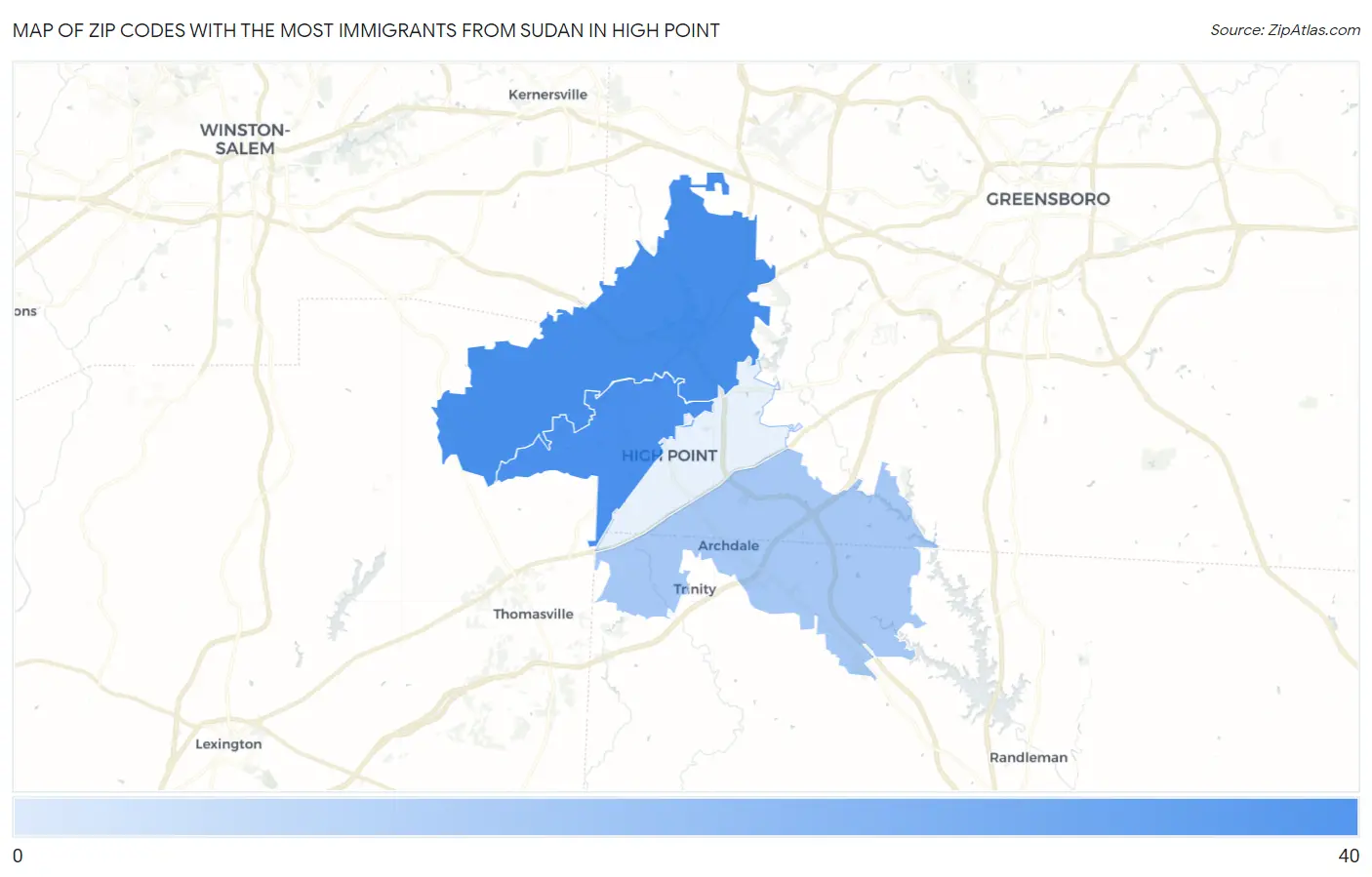 Zip Codes with the Most Immigrants from Sudan in High Point Map