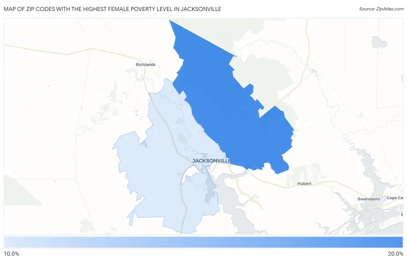 Zip Codes with the Highest Female Poverty Level in Jacksonville Map