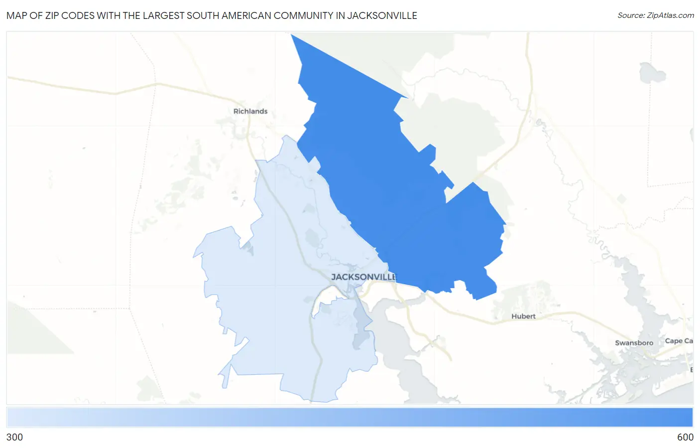 Zip Codes with the Largest South American Community in Jacksonville Map