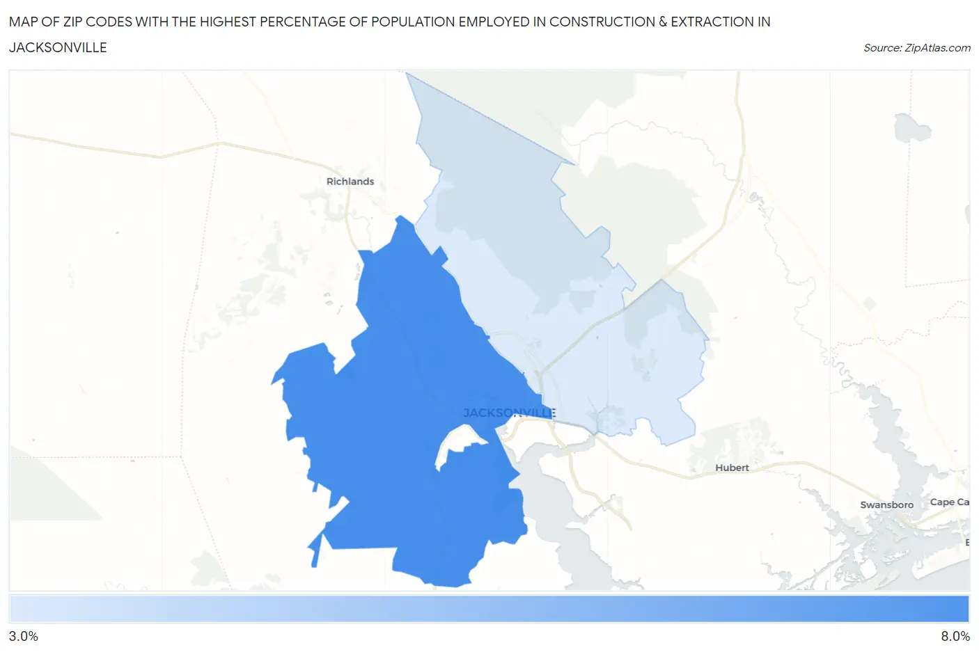 Zip Codes with the Highest Percentage of Population Employed in Construction & Extraction in Jacksonville Map