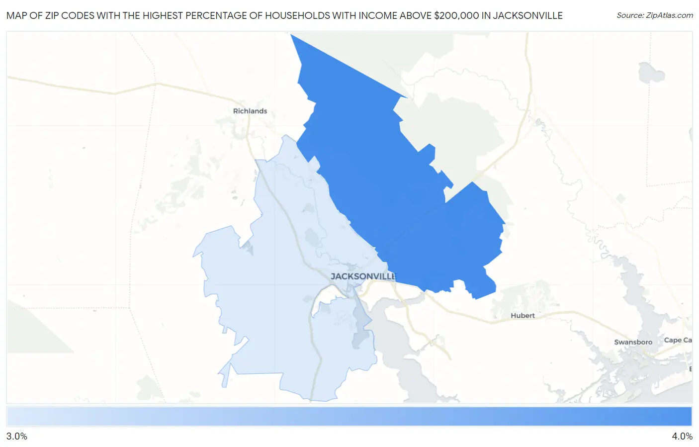 Zip Codes with the Highest Percentage of Households with Income Above $200,000 in Jacksonville Map